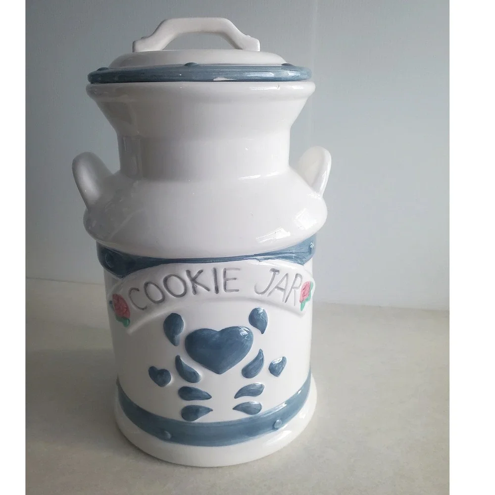 Jay Import Co Cookie Jar White Blue Heart Rose Milk Can Vintage Country Large